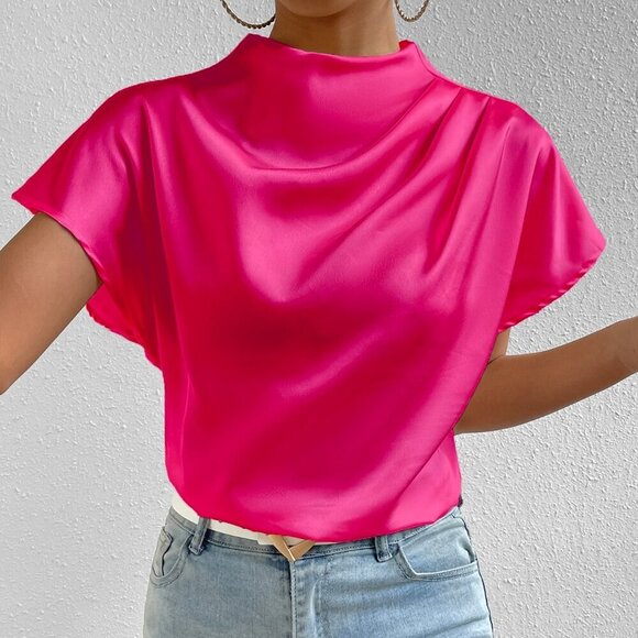 Hot Pink Party Women's Mock Neck Batwing Sleeve Satin Blouse - Picture 1 of 6